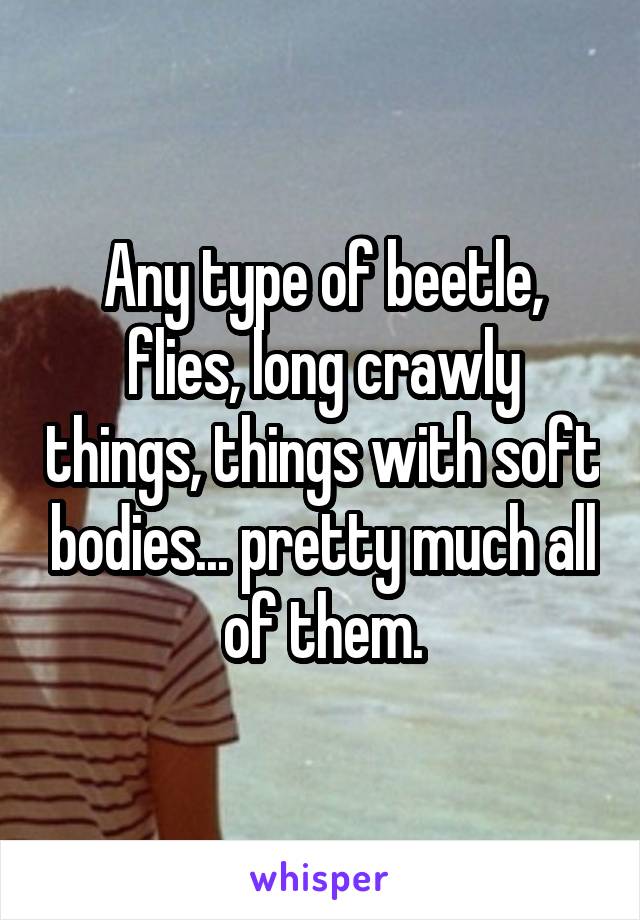 Any type of beetle, flies, long crawly things, things with soft bodies... pretty much all of them.