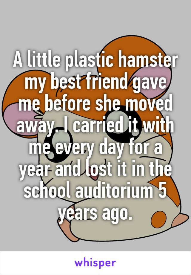 A little plastic hamster my best friend gave me before she moved away. I carried it with me every day for a year and lost it in the school auditorium 5 years ago.