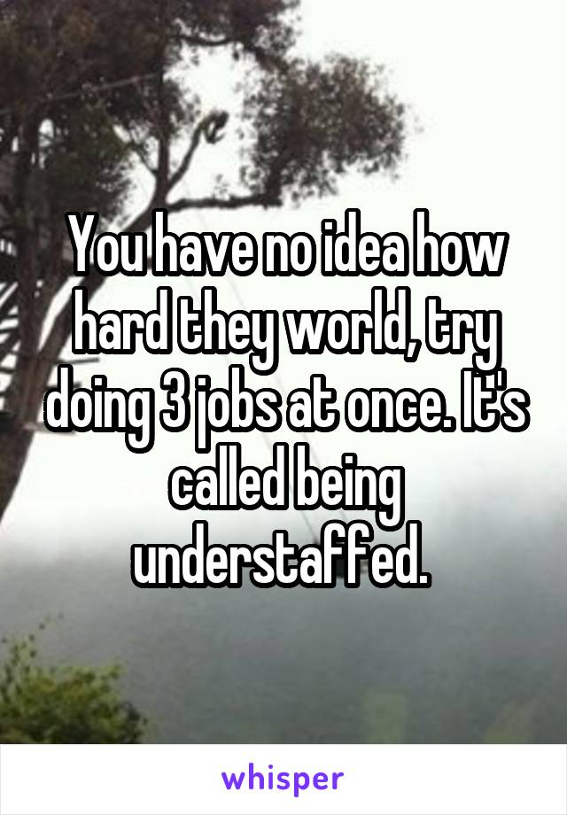 You have no idea how hard they world, try doing 3 jobs at once. It's called being understaffed. 