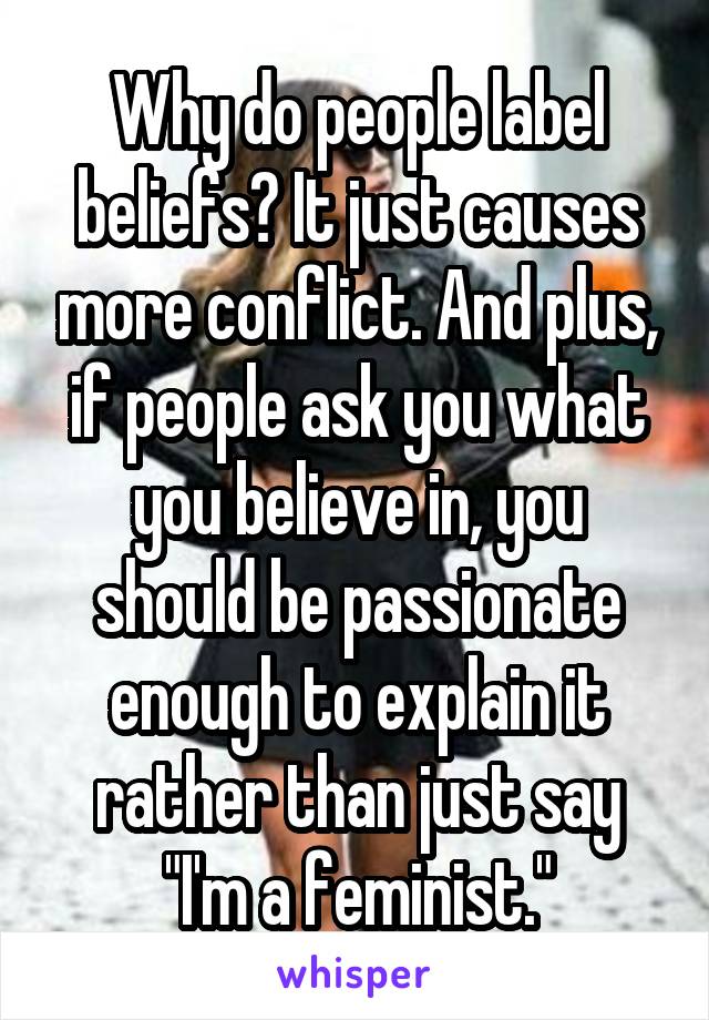 Why do people label beliefs? It just causes more conflict. And plus, if people ask you what you believe in, you should be passionate enough to explain it rather than just say "I'm a feminist."