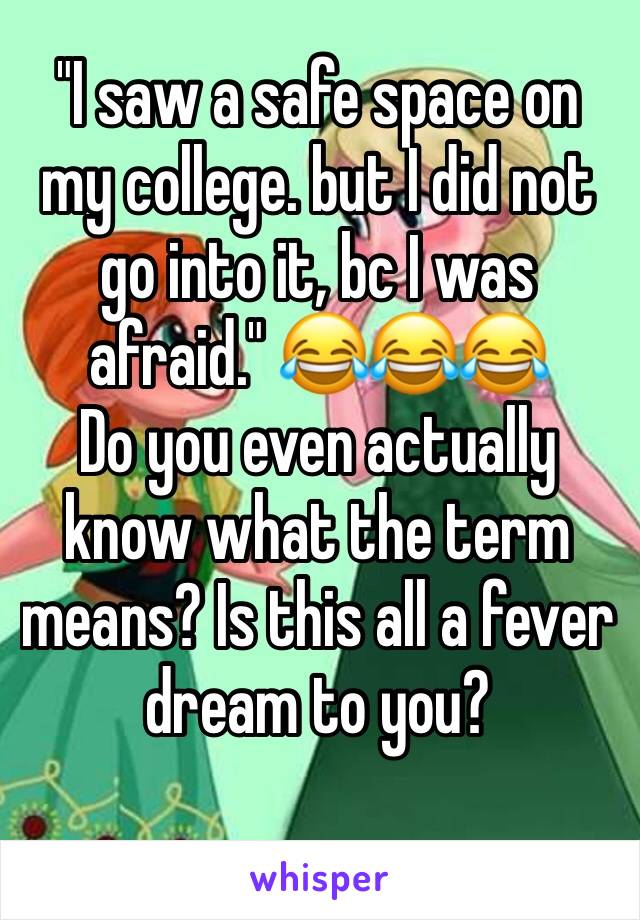 "I saw a safe space on my college. but I did not go into it, bc I was afraid." 😂😂😂
Do you even actually know what the term means? Is this all a fever dream to you? 
