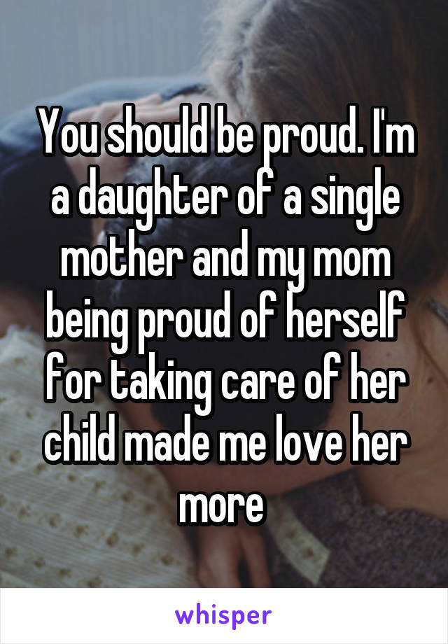 You should be proud. I'm a daughter of a single mother and my mom being proud of herself for taking care of her child made me love her more 