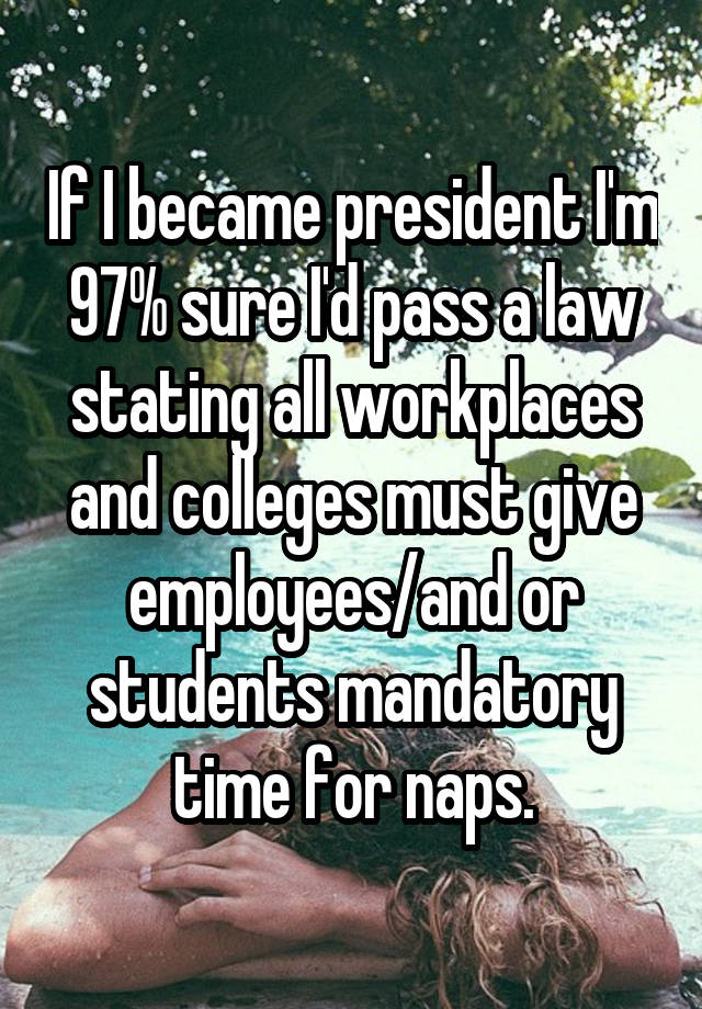 If I became president I'm 97% sure I'd pass a law stating all workplaces and colleges must give employees/and or students mandatory time for naps.