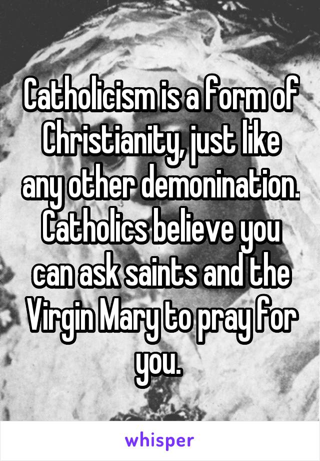 Catholicism is a form of Christianity, just like any other demonination. Catholics believe you can ask saints and the Virgin Mary to pray for you. 