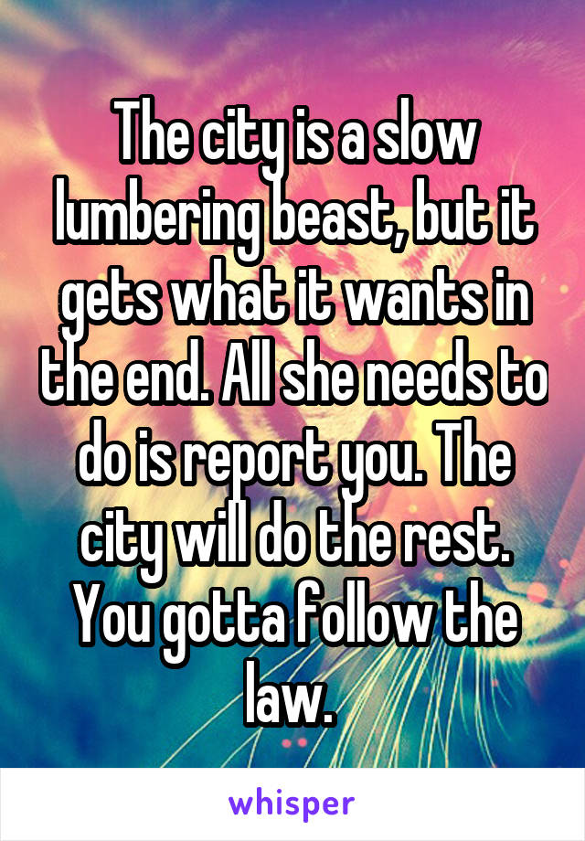 The city is a slow lumbering beast, but it gets what it wants in the end. All she needs to do is report you. The city will do the rest. You gotta follow the law. 