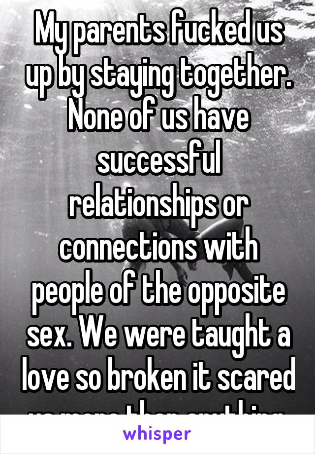 My parents fucked us up by staying together. None of us have successful relationships or connections with people of the opposite sex. We were taught a love so broken it scared us more than anything 