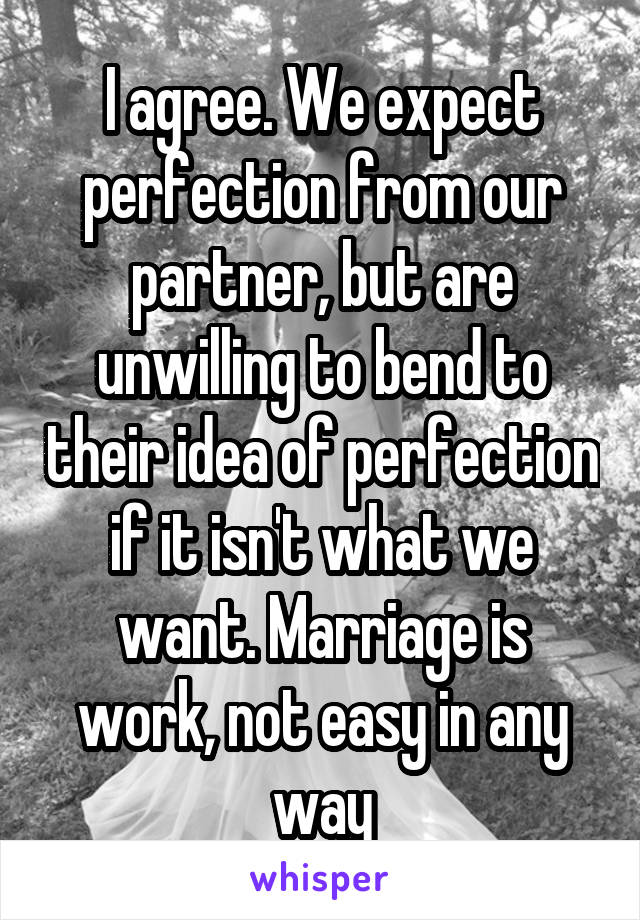 I agree. We expect perfection from our partner, but are unwilling to bend to their idea of perfection if it isn't what we want. Marriage is work, not easy in any way