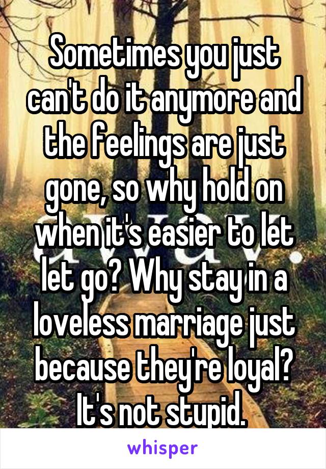 Sometimes you just can't do it anymore and the feelings are just gone, so why hold on when it's easier to let let go? Why stay in a loveless marriage just because they're loyal? It's not stupid. 