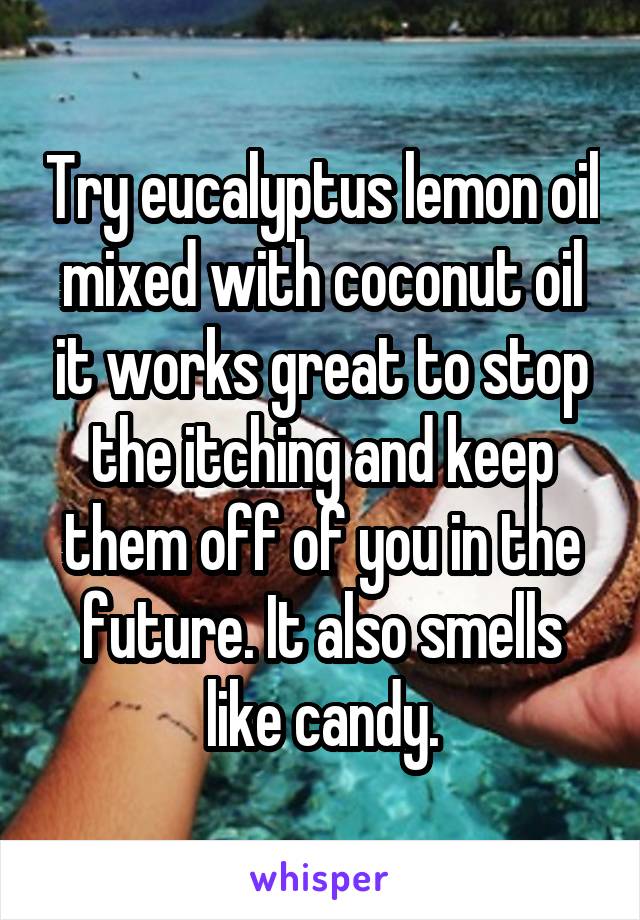 Try eucalyptus lemon oil mixed with coconut oil it works great to stop the itching and keep them off of you in the future. It also smells like candy.