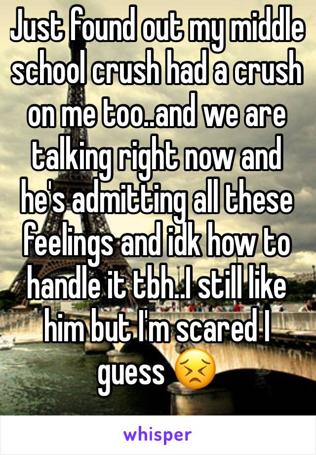 Just found out my middle school crush had a crush on me too..and we are talking right now and he's admitting all these feelings and idk how to handle it tbh..I still like him but I'm scared I guess 😣