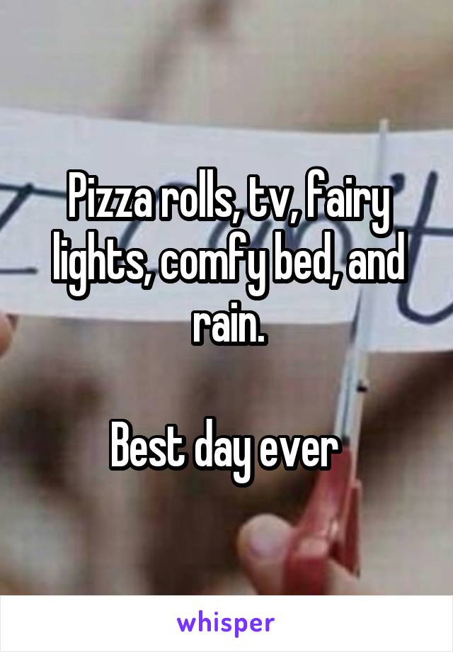 Pizza rolls, tv, fairy lights, comfy bed, and rain.

Best day ever 