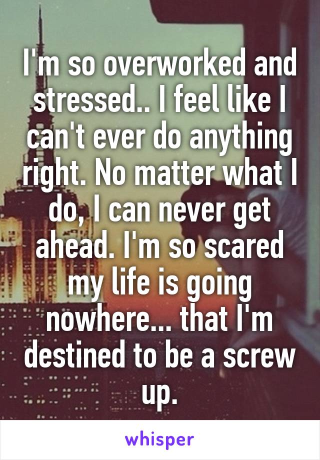 I'm so overworked and stressed.. I feel like I can't ever do anything right. No matter what I do, I can never get ahead. I'm so scared my life is going nowhere... that I'm destined to be a screw up.