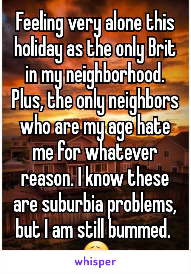 Feeling very alone this holiday as the only Brit in my neighborhood. Plus, the only neighbors who are my age hate me for whatever reason. I know these are suburbia problems, but I am still bummed. 
😧