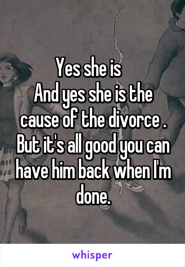 Yes she is   
And yes she is the cause of the divorce .
But it's all good you can have him back when I'm done.