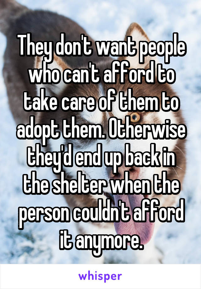 They don't want people who can't afford to take care of them to adopt them. Otherwise they'd end up back in the shelter when the person couldn't afford it anymore.