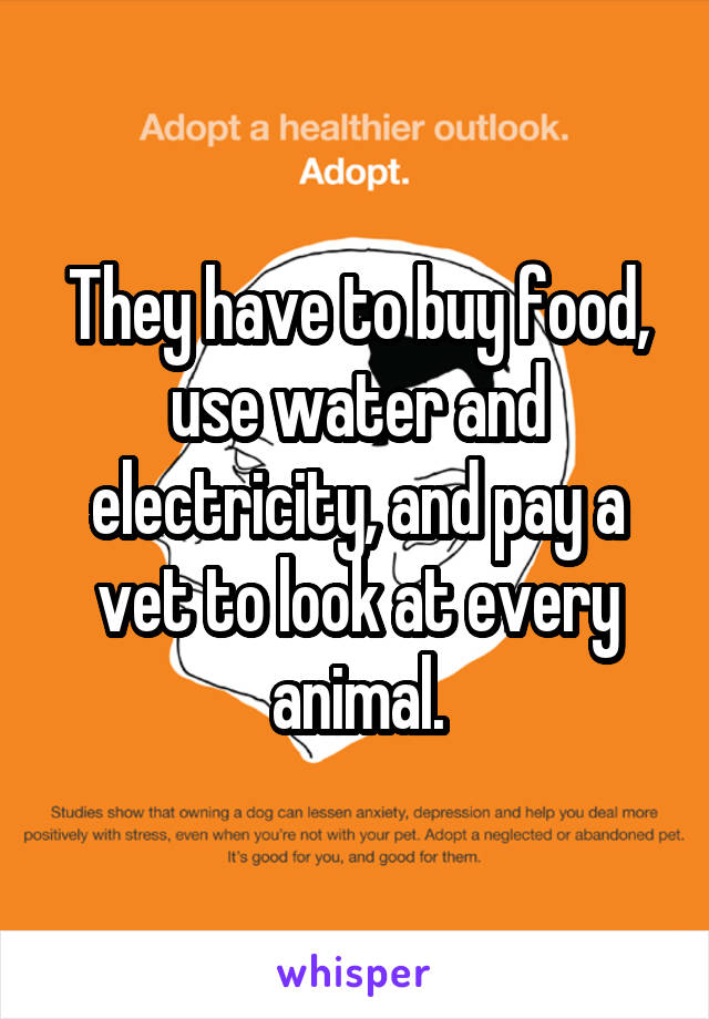 They have to buy food, use water and electricity, and pay a vet to look at every animal.