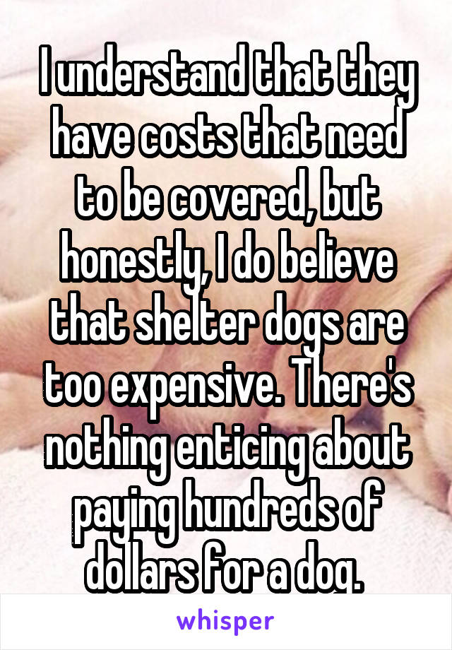 I understand that they have costs that need to be covered, but honestly, I do believe that shelter dogs are too expensive. There's nothing enticing about paying hundreds of dollars for a dog. 