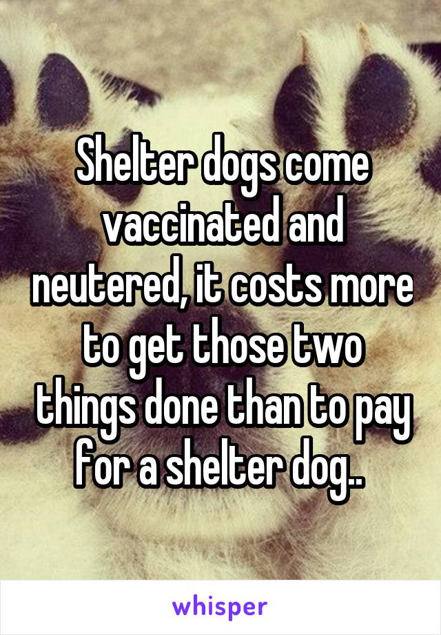 Shelter dogs come vaccinated and neutered, it costs more to get those two things done than to pay for a shelter dog.. 