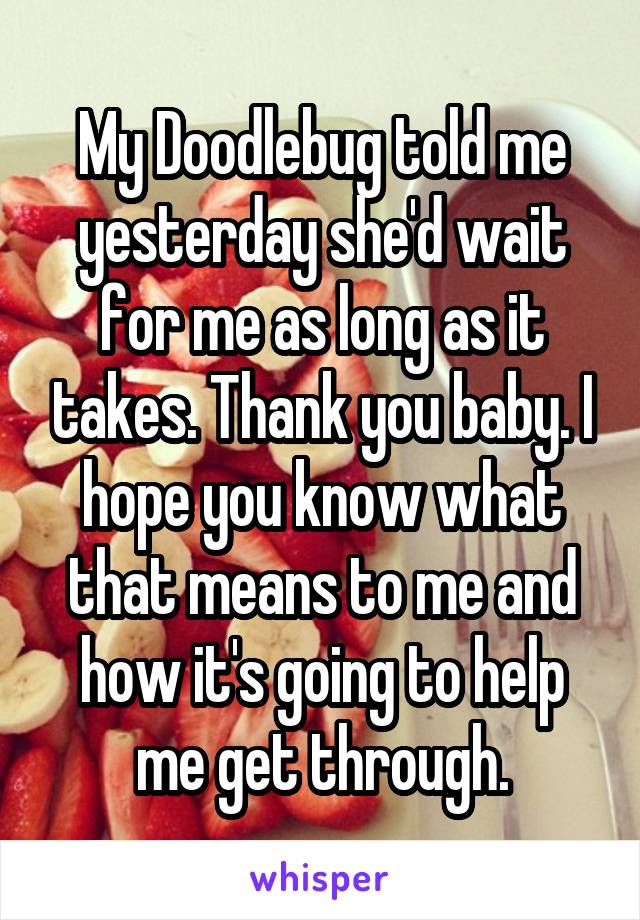 My Doodlebug told me yesterday she'd wait for me as long as it takes. Thank you baby. I hope you know what that means to me and how it's going to help me get through.