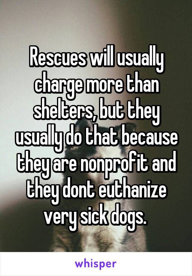 Rescues will usually charge more than shelters, but they usually do that because they are nonprofit and they dont euthanize very sick dogs. 