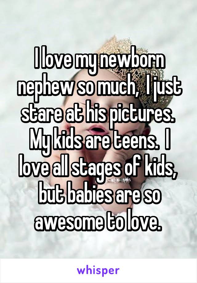 I love my newborn nephew so much,  I just stare at his pictures.  My kids are teens.  I love all stages of kids,  but babies are so awesome to love. 