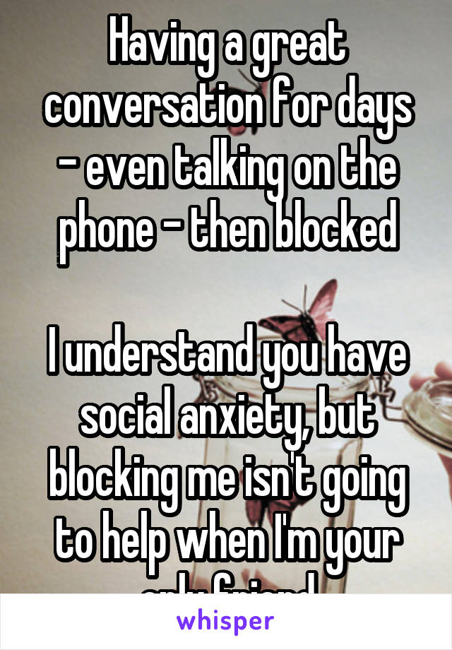 Having a great conversation for days - even talking on the phone - then blocked

I understand you have social anxiety, but blocking me isn't going to help when I'm your only friend