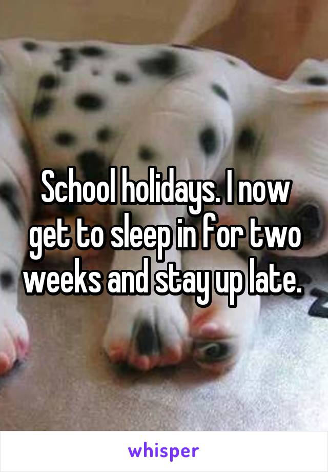 School holidays. I now get to sleep in for two weeks and stay up late. 