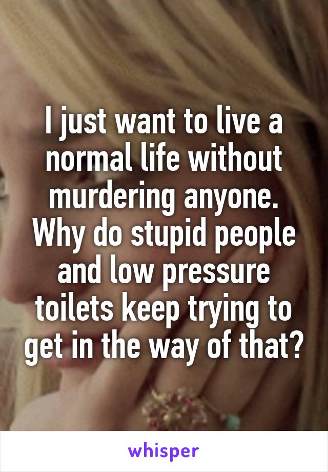 I just want to live a normal life without murdering anyone. Why do stupid people and low pressure toilets keep trying to get in the way of that?