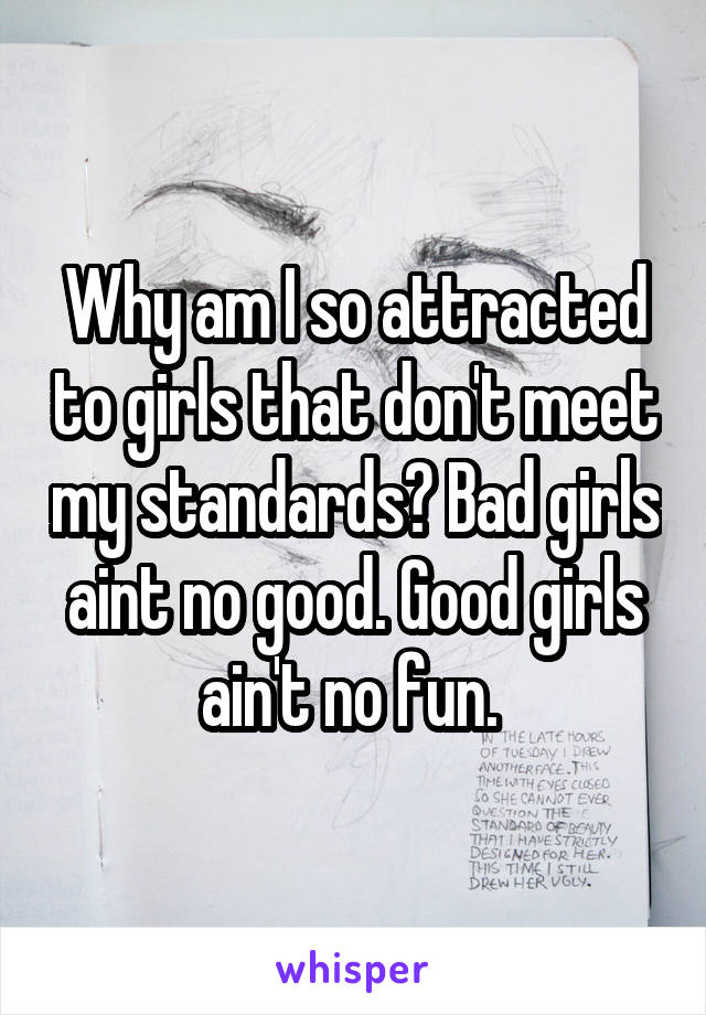 Why am I so attracted to girls that don't meet my standards? Bad girls aint no good. Good girls ain't no fun. 
