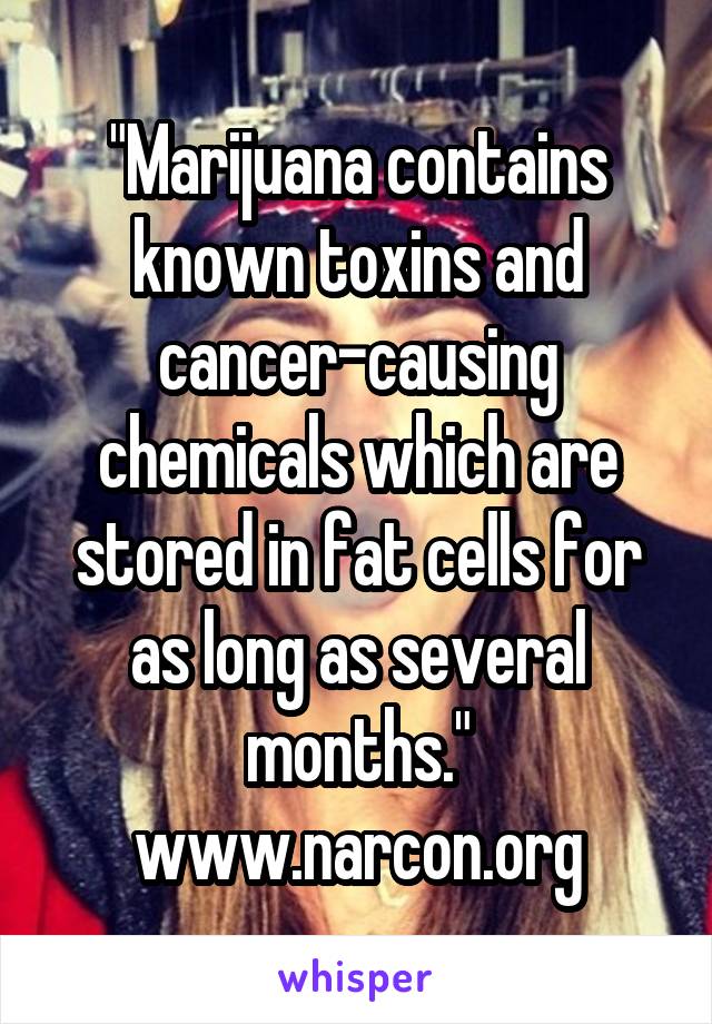 "Marijuana contains known toxins and cancer-causing chemicals which are stored in fat cells for as long as several months."
www.narcon.org