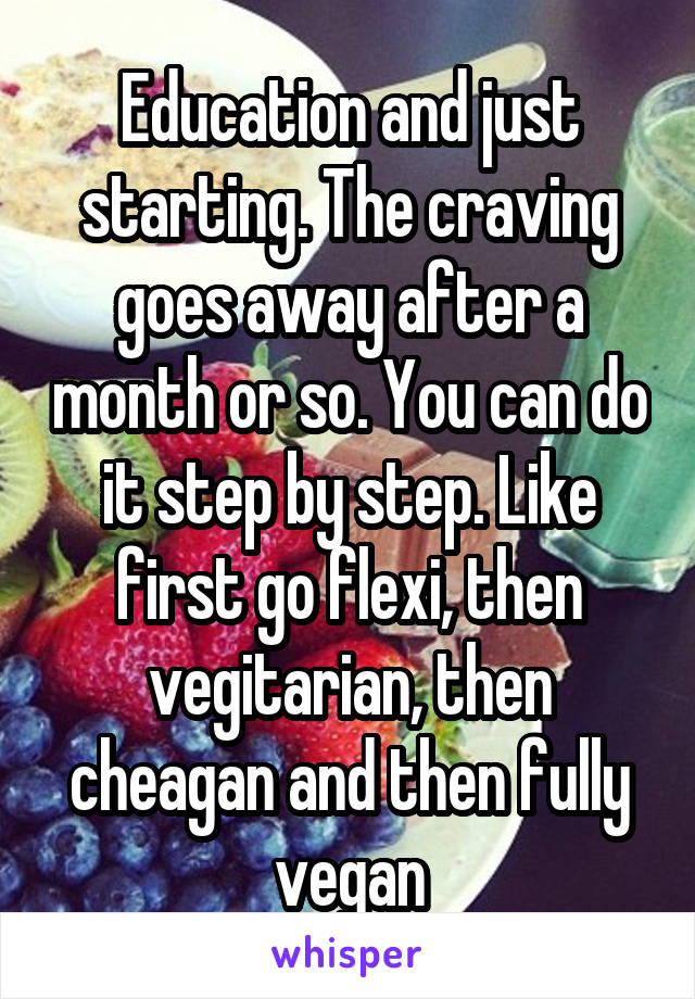 Education and just starting. The craving goes away after a month or so. You can do it step by step. Like first go flexi, then vegitarian, then cheagan and then fully vegan