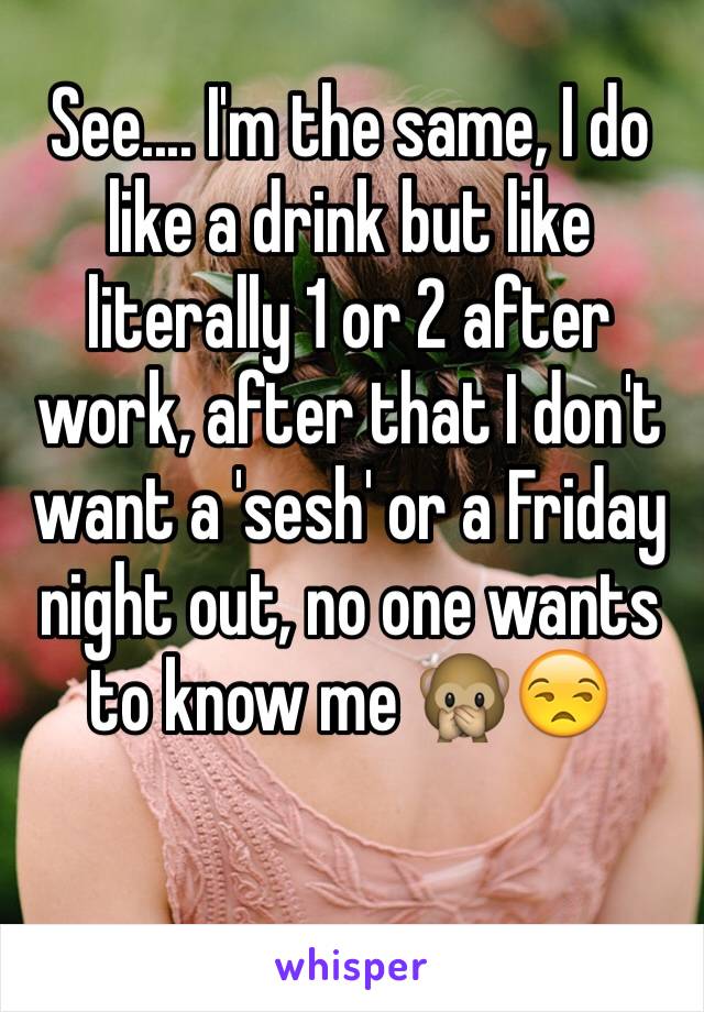 See.... I'm the same, I do like a drink but like literally 1 or 2 after work, after that I don't want a 'sesh' or a Friday night out, no one wants to know me 🙊😒