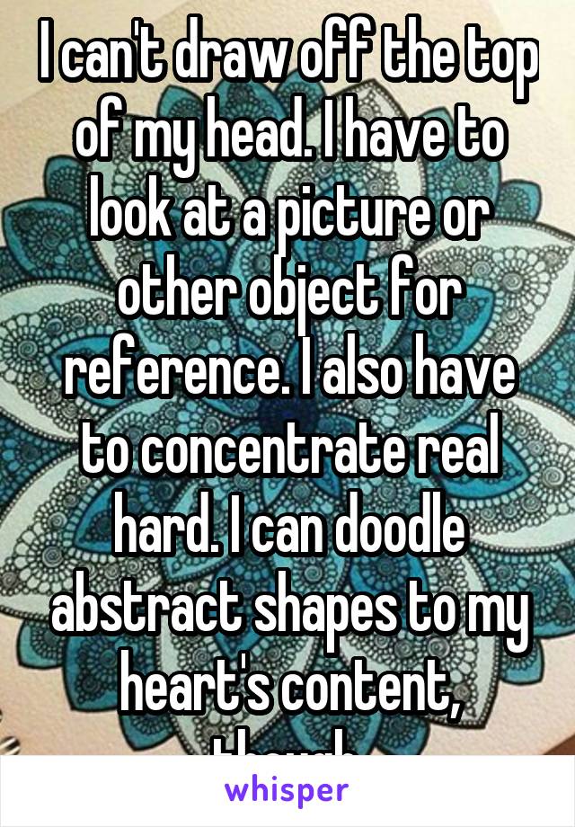 I can't draw off the top of my head. I have to look at a picture or other object for reference. I also have to concentrate real hard. I can doodle abstract shapes to my heart's content, though.