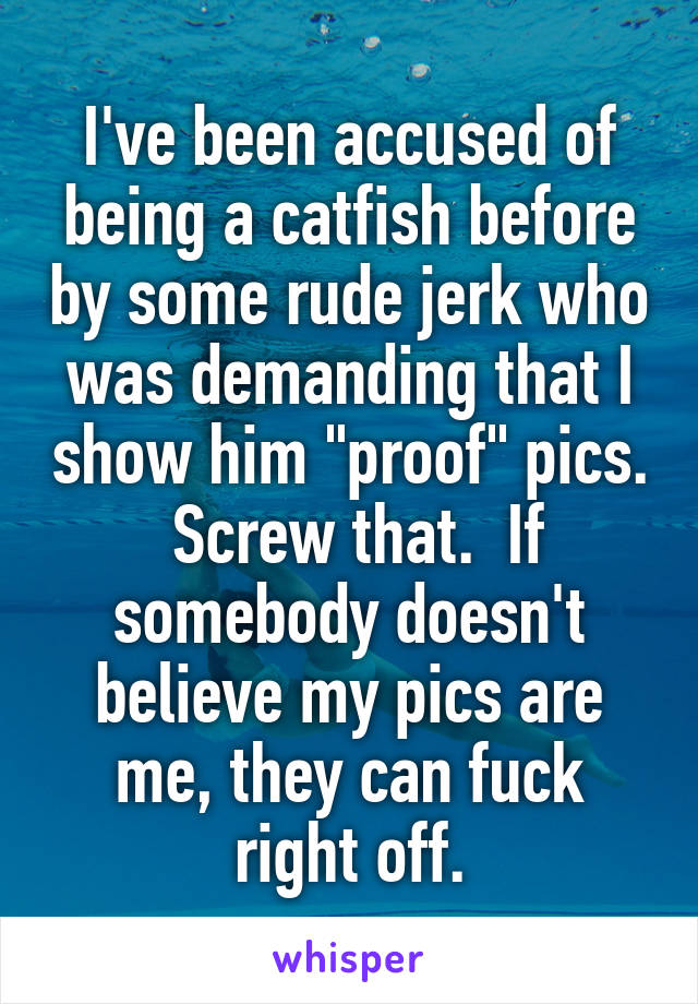 I've been accused of being a catfish before by some rude jerk who was demanding that I show him "proof" pics.  Screw that.  If somebody doesn't believe my pics are me, they can fuck right off.