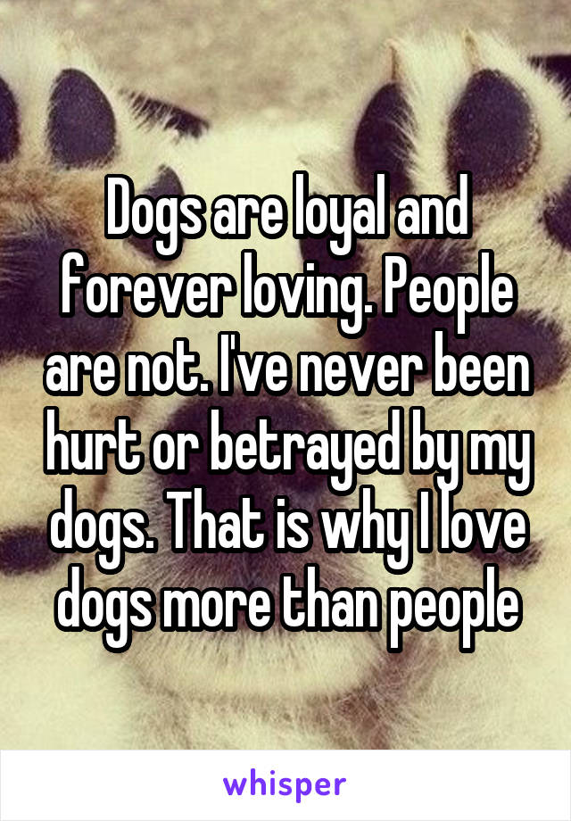 Dogs are loyal and forever loving. People are not. I've never been hurt or betrayed by my dogs. That is why I love dogs more than people