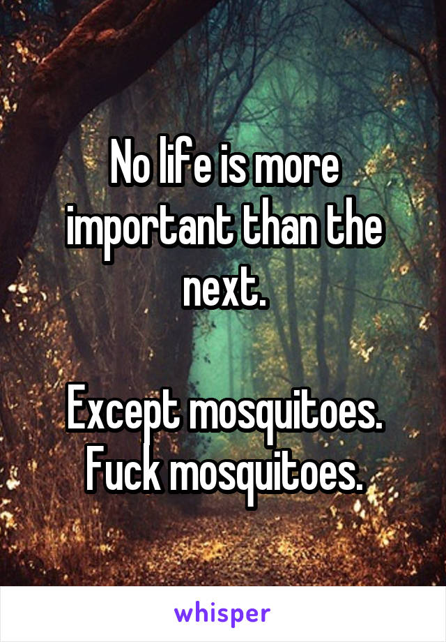 


No life is more important than the next.

Except mosquitoes. Fuck mosquitoes.