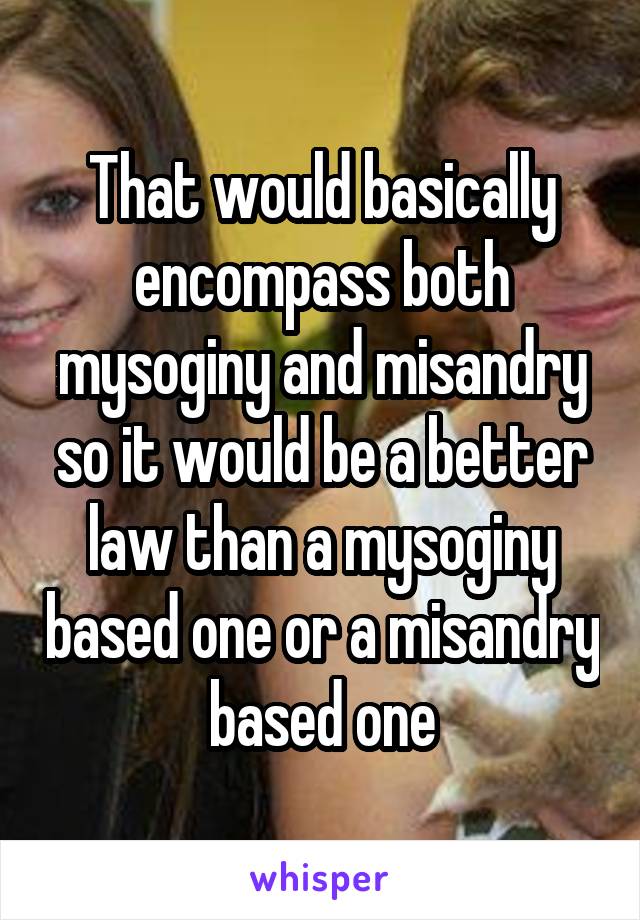 That would basically encompass both mysoginy and misandry so it would be a better law than a mysoginy based one or a misandry based one