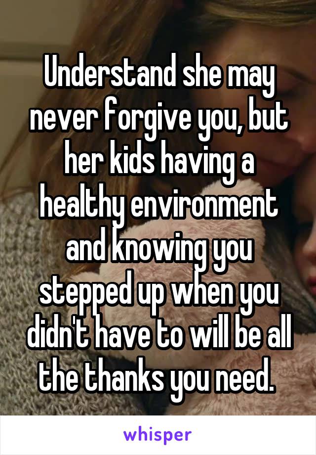 Understand she may never forgive you, but her kids having a healthy environment and knowing you stepped up when you didn't have to will be all the thanks you need. 
