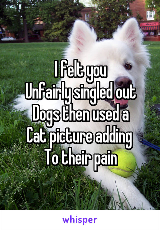 I felt you
Unfairly singled out
Dogs then used a
Cat picture adding 
To their pain