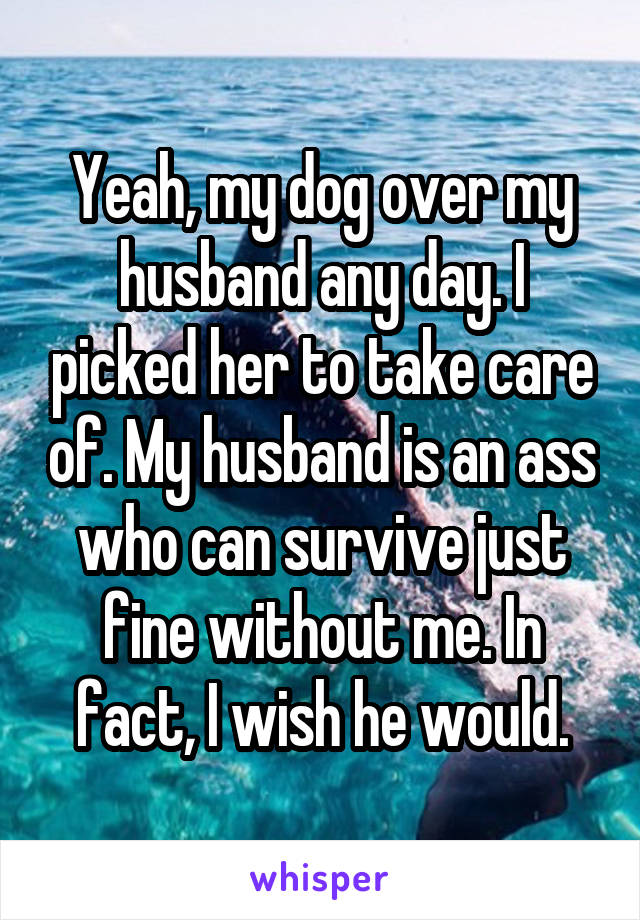Yeah, my dog over my husband any day. I picked her to take care of. My husband is an ass who can survive just fine without me. In fact, I wish he would.