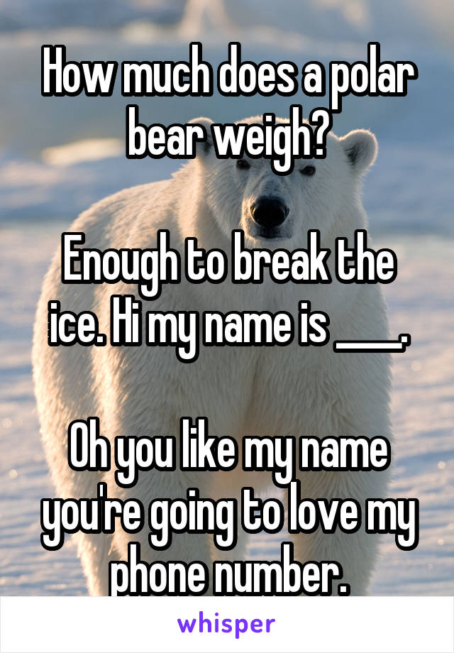 How much does a polar bear weigh?

Enough to break the ice. Hi my name is ____.

Oh you like my name you're going to love my phone number.