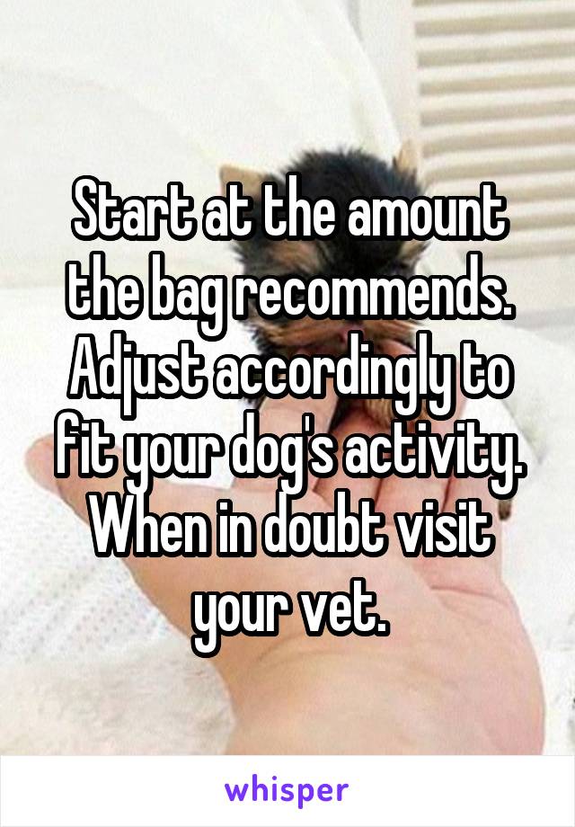 Start at the amount the bag recommends. Adjust accordingly to fit your dog's activity. When in doubt visit your vet.