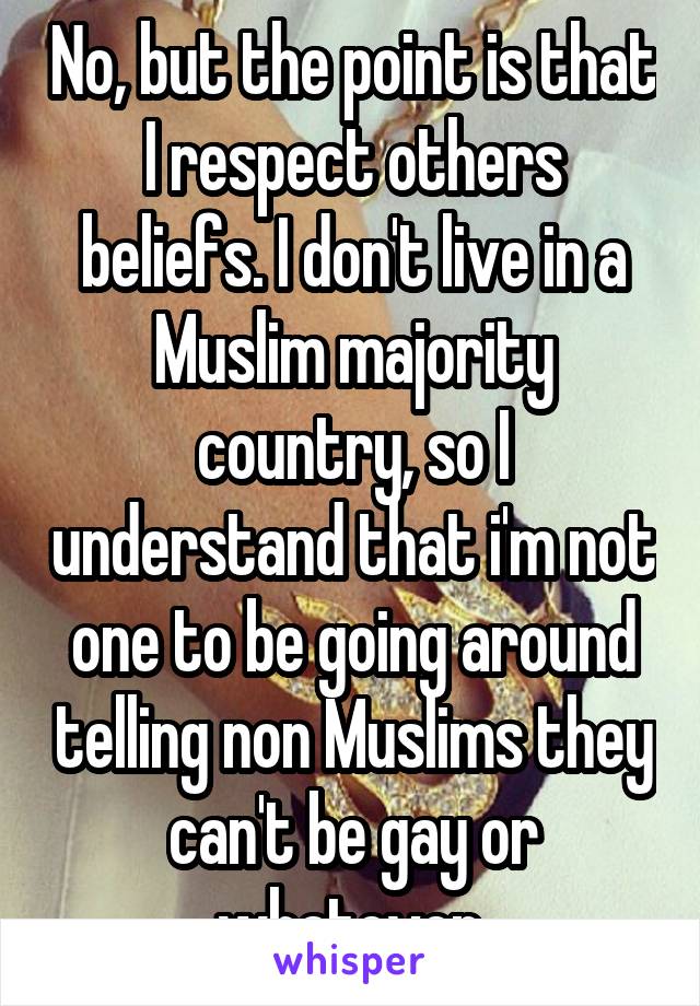 No, but the point is that I respect others beliefs. I don't live in a Muslim majority country, so I understand that i'm not one to be going around telling non Muslims they can't be gay or whatever.