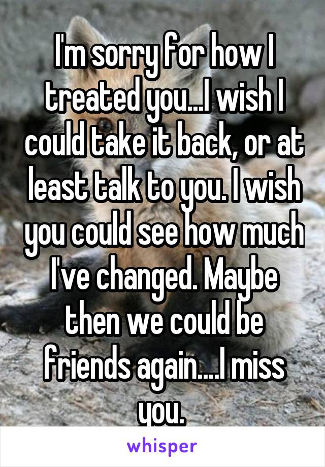 I'm sorry for how I treated you...I wish I could take it back, or at least talk to you. I wish you could see how much I've changed. Maybe then we could be friends again....I miss you. 