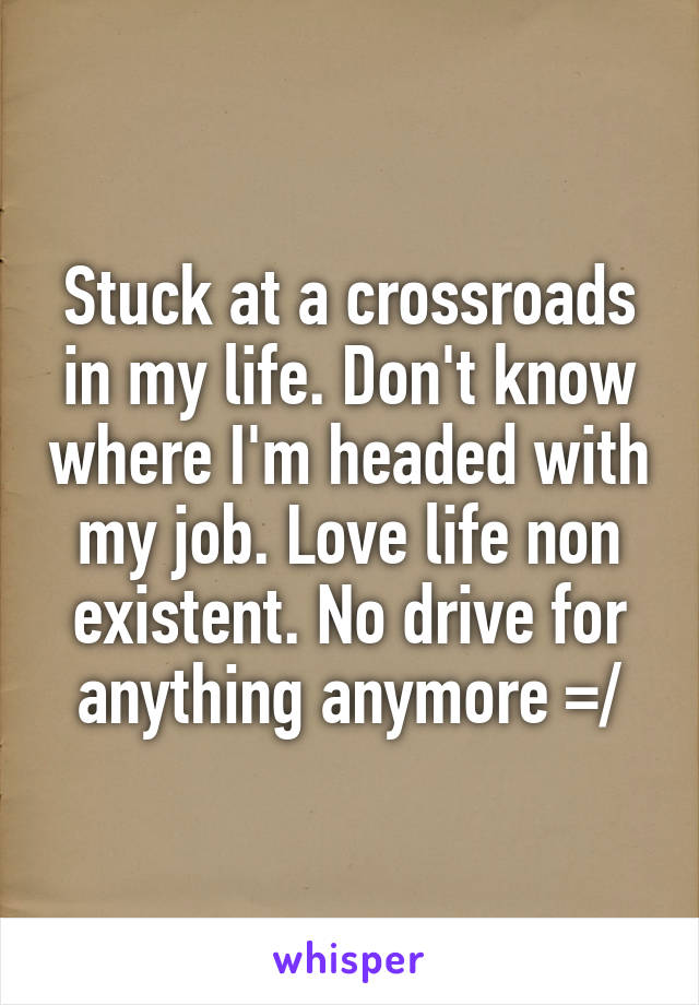 Stuck at a crossroads in my life. Don't know where I'm headed with my job. Love life non existent. No drive for anything anymore =/
