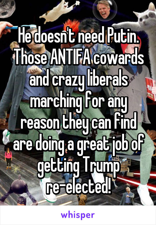 He doesn't need Putin. Those ANTIFA cowards and crazy liberals marching for any reason they can find are doing a great job of getting Trump re-elected!