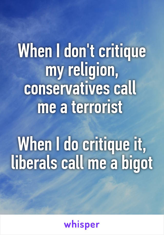 When I don't critique my religion, conservatives call 
me a terrorist 

When I do critique it, liberals call me a bigot 