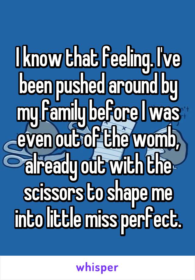 I know that feeling. I've been pushed around by my family before I was even out of the womb, already out with the scissors to shape me into little miss perfect.