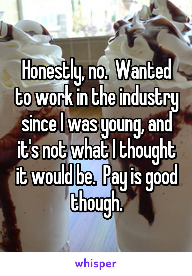 Honestly, no.  Wanted to work in the industry since I was young, and it's not what I thought it would be.  Pay is good though.