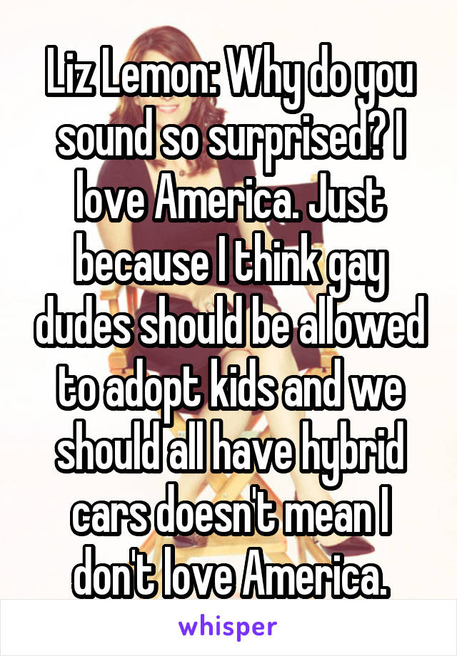 Liz Lemon: Why do you sound so surprised? I love America. Just because I think gay dudes should be allowed to adopt kids and we should all have hybrid cars doesn't mean I don't love America.